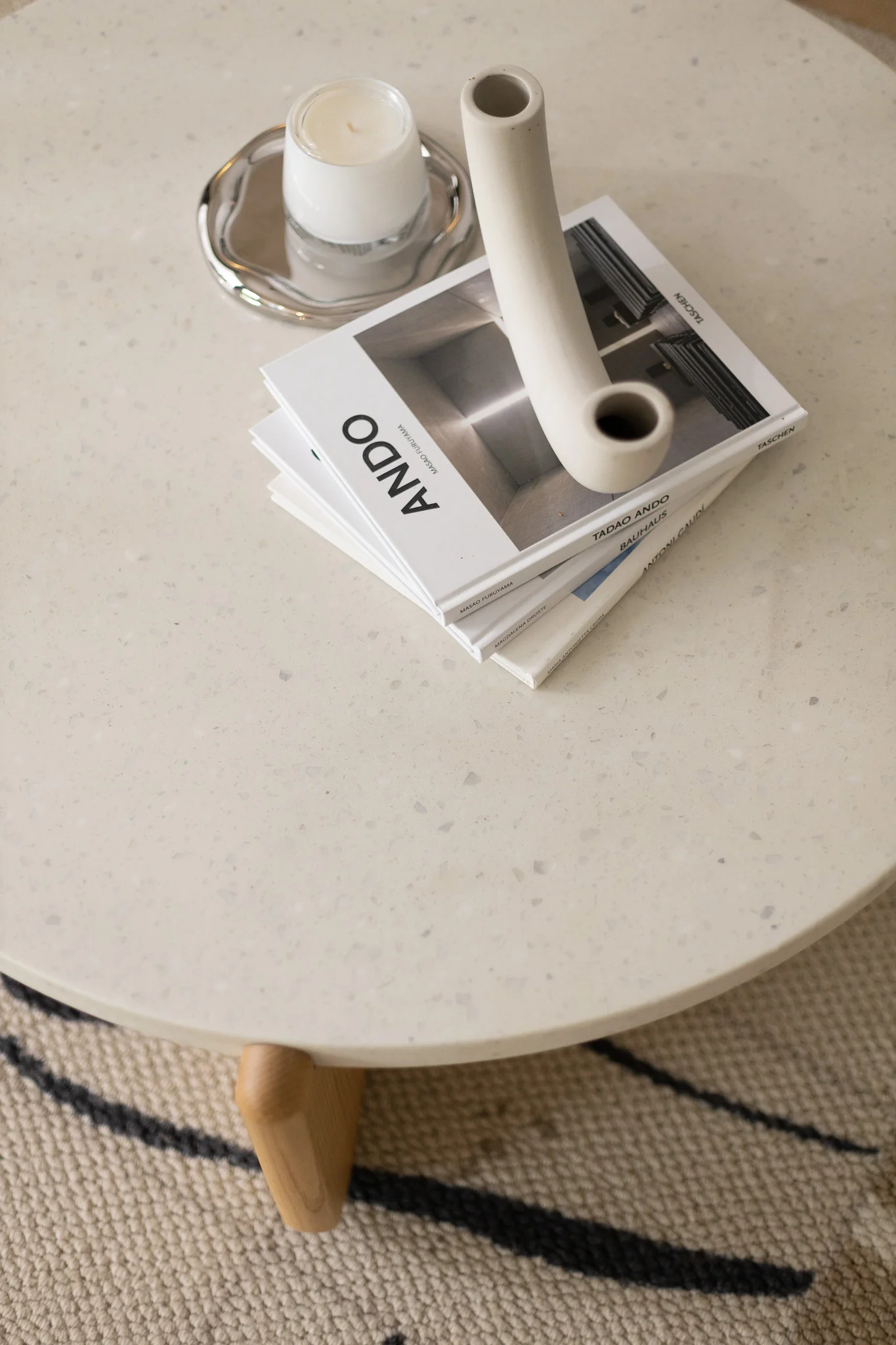 Terrazzo and Wood Round Coffee Table - Image 9